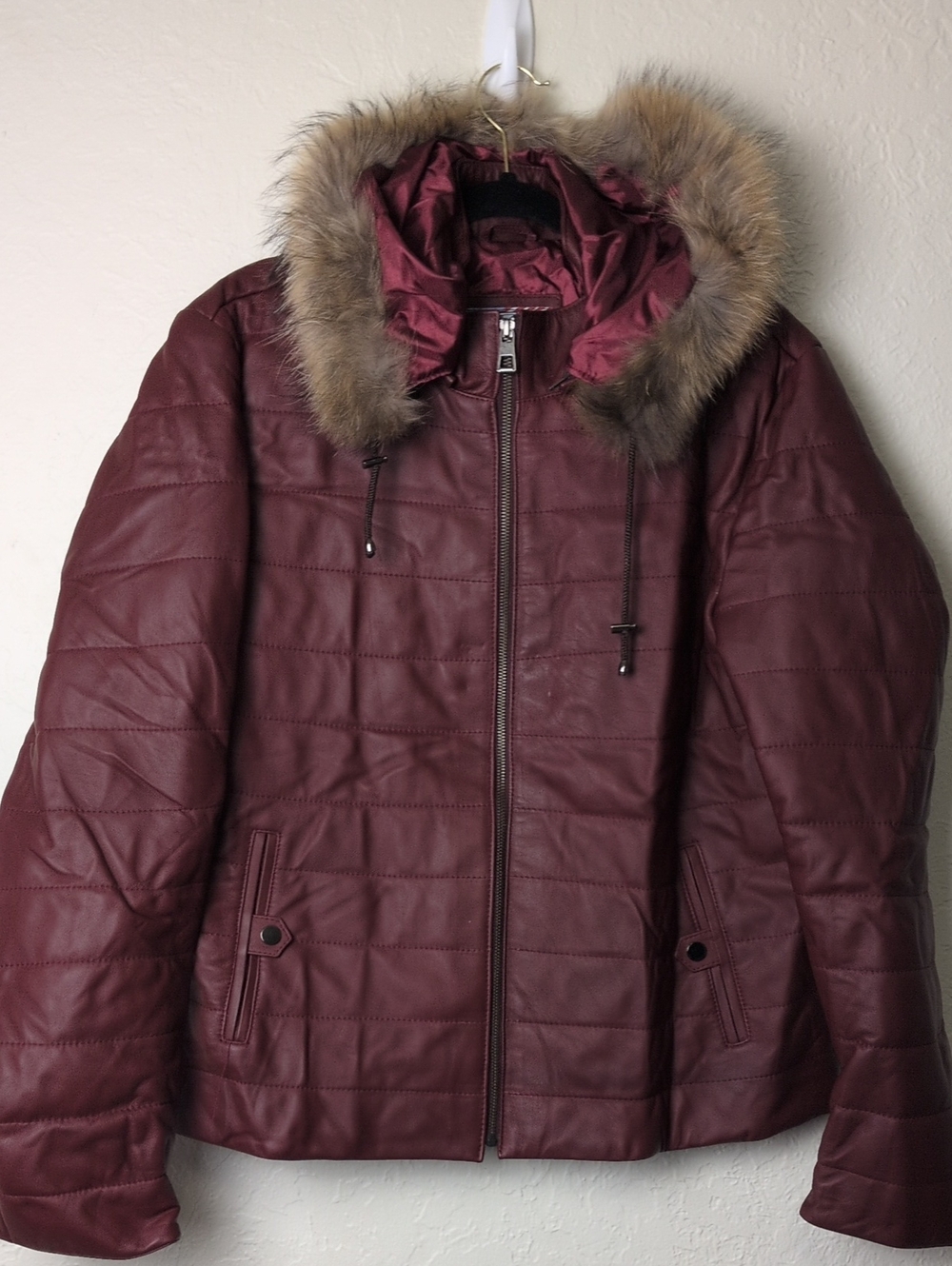 True Y2K 3X Women’s Quilted 100% Leather Jacket Faux-Fur Burgundy